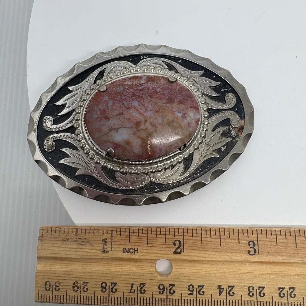 Western Interchangeable Stone Belt Buckle Silver Tone Agate‎ Jasper 3.5in